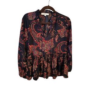 LOFT Paisley Peasant Blouse Size Small Black Multicolor Boho Top